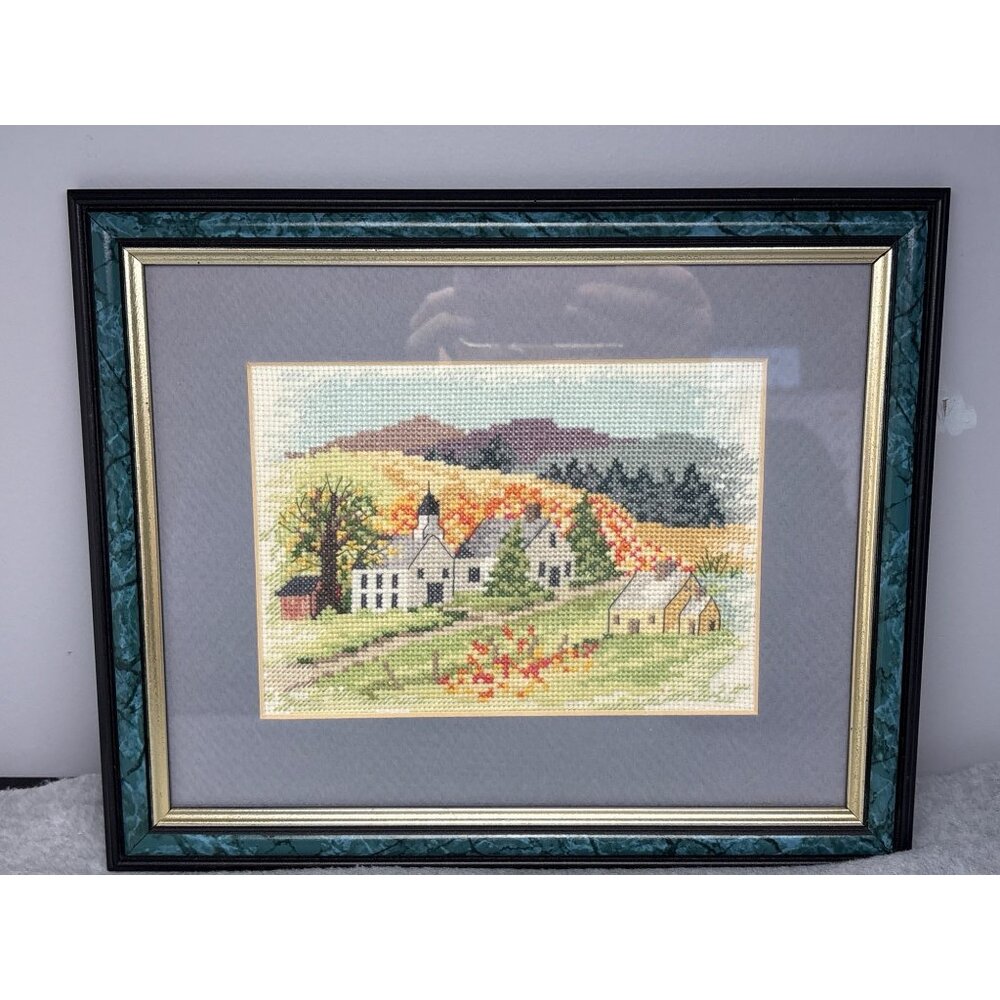 Framed Needlepoint Rural Village Scene Autumn Colors 12" x 10"